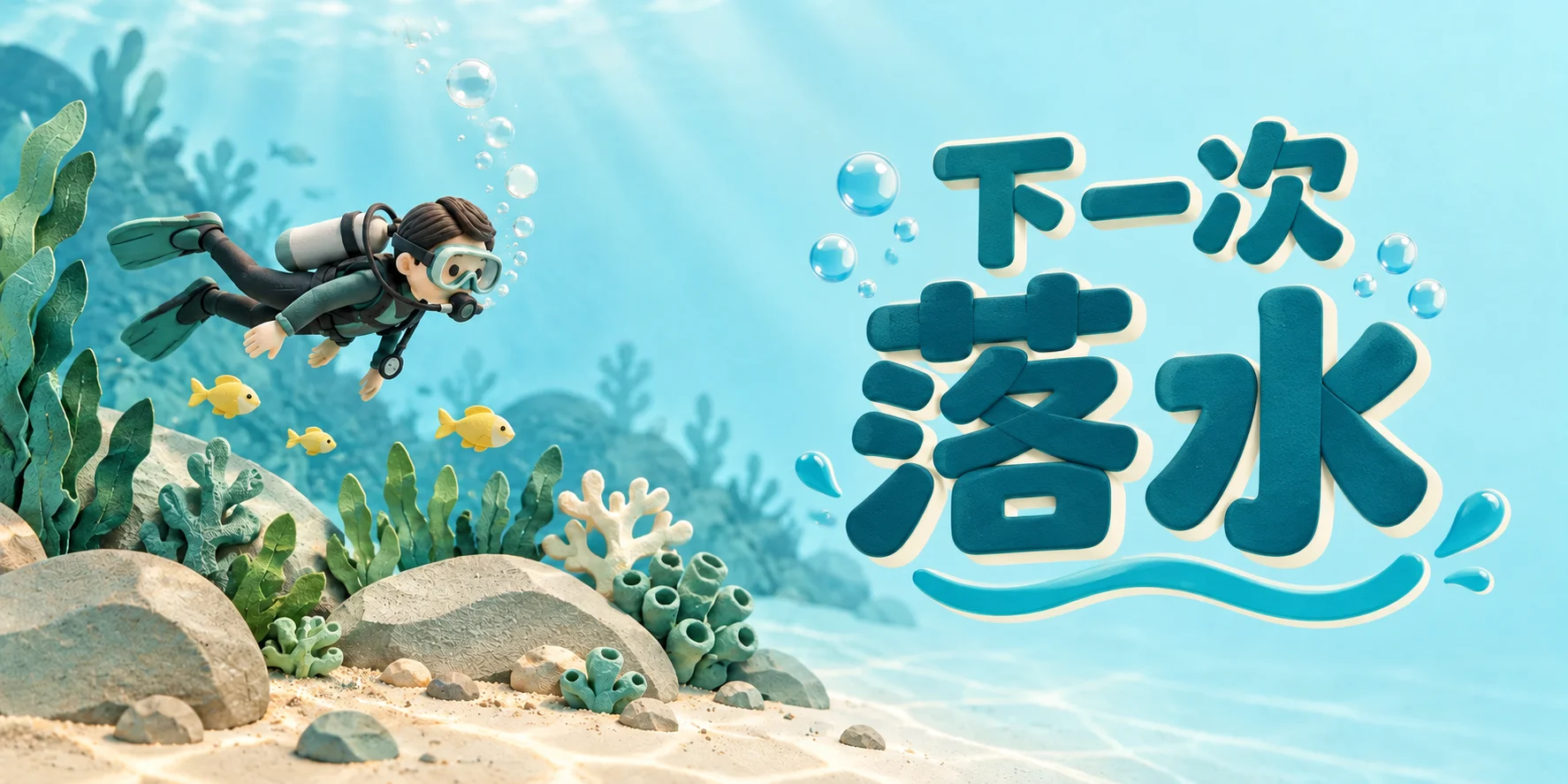 潛水員探索珊瑚同魚群，配上立體字「下一次落水」