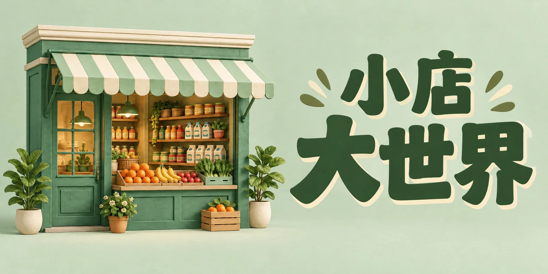 薄荷綠色迷你香港雜貨店，配上設計字「小店大世界」